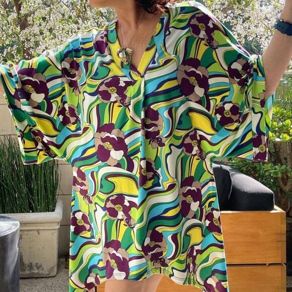 Coldesina Tunic Top XL Artsy Abstract Kimono Sleeve Wearable Art V-Neck Relaxed - Picture 1 of 8